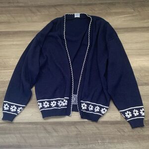 Vintage Navy & White Floral Daisy Trim Cardigan